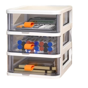 Three-tier transparent desktop drawer organizer with orange handles and white frame