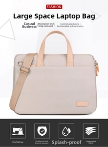 Close-up of beige waterproof laptop bag with brown handles and high-density fabric