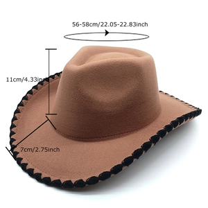 Chapeau de cowboy en feutre marron avec garniture tressée noire et dimensions standards