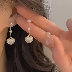 French Vintage Heart Tassel Dangle Earrings For Women Alloy Faux Artificial Pearl Long Chain Elegant Fashion Jewelry