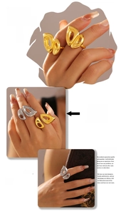 Macro view of geometric cutout ring in gold and silver finish with high-polish texture