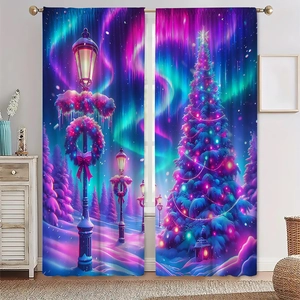Detail of Christmas curtains with Aurora Borealis and snowy pine trees pattern