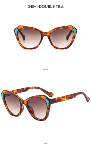 Detailed front and side views of demi-double tea cat-eye glasses with gradient lenses