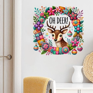 Self-adhesive Christmas deer wall decal with floral antlers and OH DEER text decoration