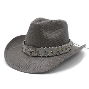 Dark gray woven western cowboy hat with a leather band and metal bull head ornament