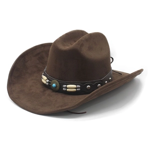 Dark brown faux suede western cowboy hat with turquoise and metal stud leather band