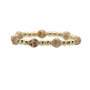 Fashionable elastic beaded bracelet with gold metal spheres and leopard print rhombus beads