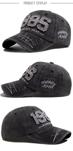 Detailed views of vintage washed cotton baseball cap with 1985 embroidery and distressed brim