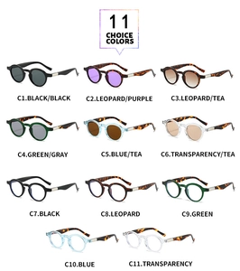 Collection of eleven vintage round sunglasses in various colors displayed in a grid