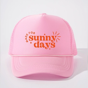 Pink foam trucker hat with sunny days print and breathable mesh on white background