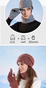 Ensemble d'hiver tricoté avec bonnet écharpe et gants pour hommes et femmes doublés polaire