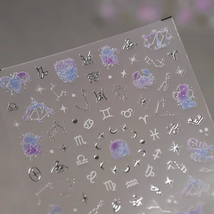 Cartoon zodiac nail stickers with silver foil constellations and gradient moon phases