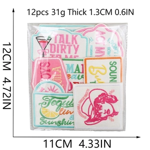 12-piece fashion embroidery patches set with colorful designs and package dimensions