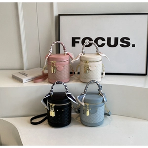 Fashionable woven bucket bag in four colors with silk scarf handles and long straps