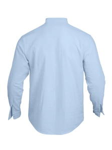 Detailed back view of a light blue linen casual shirt with long sleeves and button cuffs