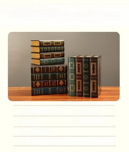 Macro detail of vintage European style wooden faux book storage box with hand-painted finish
