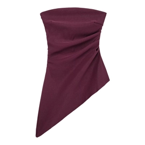 Women's deep purple strapless top with ruched sides and asymmetric pointed hemline