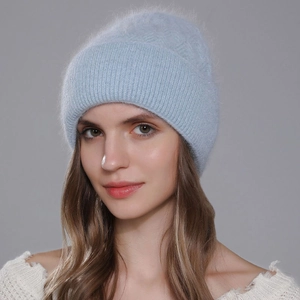 Women's light blue angora rabbit hair knit beanie with silver glitter for winter warmth