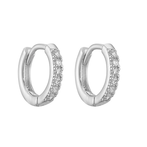 Detailed view of silver hoop earrings with a single row of micro-paved sparkling cubic zirconia