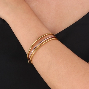 Close-up of interlocking three-tone stainless steel bangles worn on a wrist