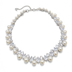 Elegant silver necklace featuring white imitation pearls and diamond-cut zircon accents