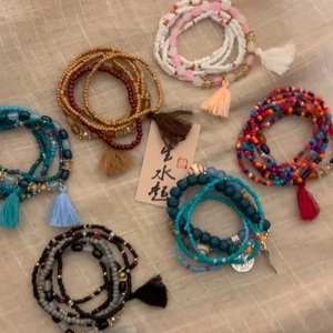 Bohemian multilayer seed bead bracelet set with tassels and ethnic charms in various colors
