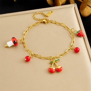 Bracelet À Breloques En Acier Inoxydable Plqué Or Émail Fraise Cerise Champignon Bijoux Pastoraux Pour Femmes