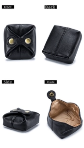 Detailed four-way view of a black pebble leather coin purse with double snap closure