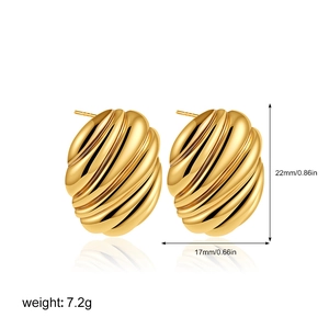 Detailed view of 18K gold plated oval stud earrings with ripple texture and measurements