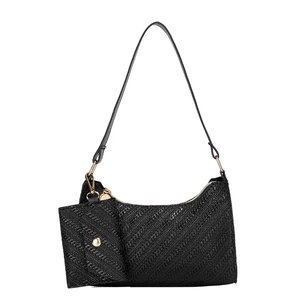Black woven leather underarm bag for women with a small square coin purse pendant