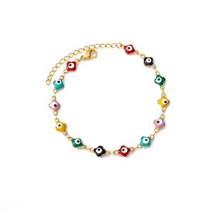 Detail of gold chain bracelet with 12 multi-color enamel evil eye floral pendants