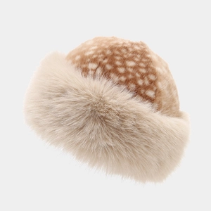 Faux fur winter bucket hat featuring sika deer spots and thick plush brim for warmth
