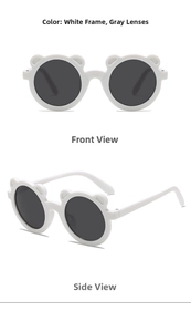 Front and side views of white bear-eared children's sunglasses with gray lenses
