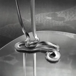 Détail montrant la texture lisse et l'éclat métallique du collier à maille serpent argenté