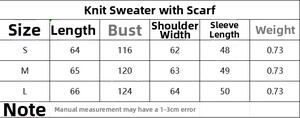 Detailed size chart for the casual knit sweater scarf with precise measurements