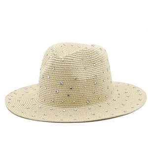 Beige woven straw sun hat with sparkling rhinestone trim for outdoor summer travel