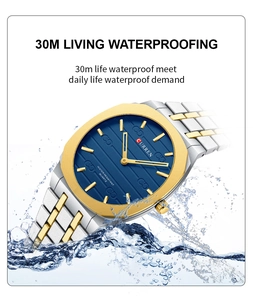 CURREN square watch in water splashes showing 30m waterproof feature and steel band