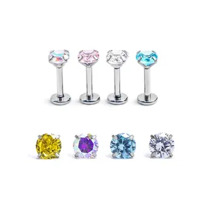 Titanium steel labret studs with sparkling zircon stones in four vibrant colors
