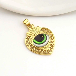 Gold 18k plated heart-shaped evil eye pendant with green enamel for DIY jewelry making