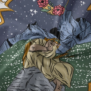 Detail of Virgo zodiac tapestry fabric with intricate mountain and star illustrations