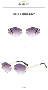 Detail view of rimless diamond-cut sunglasses with gold metal frame and gradient lenses