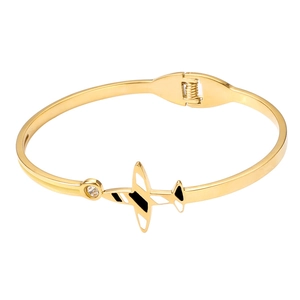 Bracelet avion en acier inoxydable doré 18k poli avec émail noir et blanc et zircon