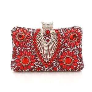 Elegant red evening clutch bag with sparkling crystal floral pattern for women
