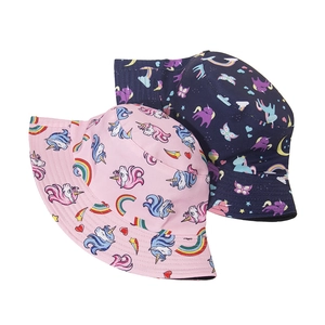 Pink and navy blue children's bucket hats with colorful unicorn and rainbow prints