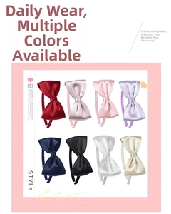 Matrix display of eight colors of satin bow headbands featuring a silky texture finish