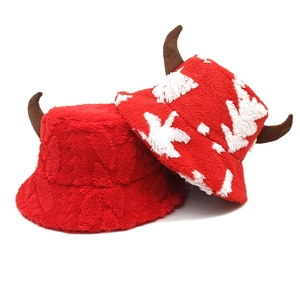 Plush Christmas fisherman hat with brown horns and winter snowflake patterns