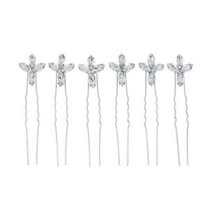 Set di 6 forcine per capelli argentate a U con brillanti strass a forma di fiore