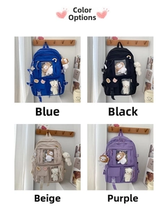 Four colors of Japanese school backpacks with transparent PVC pockets and doll charms