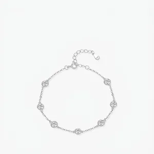 925 Sterling Silver Bracelet Round Clear Cubic Zirconia Bezel Set Adjustable Station Chain Minimalist Jewelry For Women