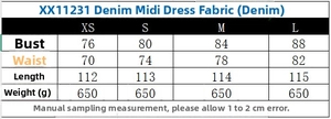 Tabella taglie per abito midi in denim senza spalline con misure busto vita e lunghezza